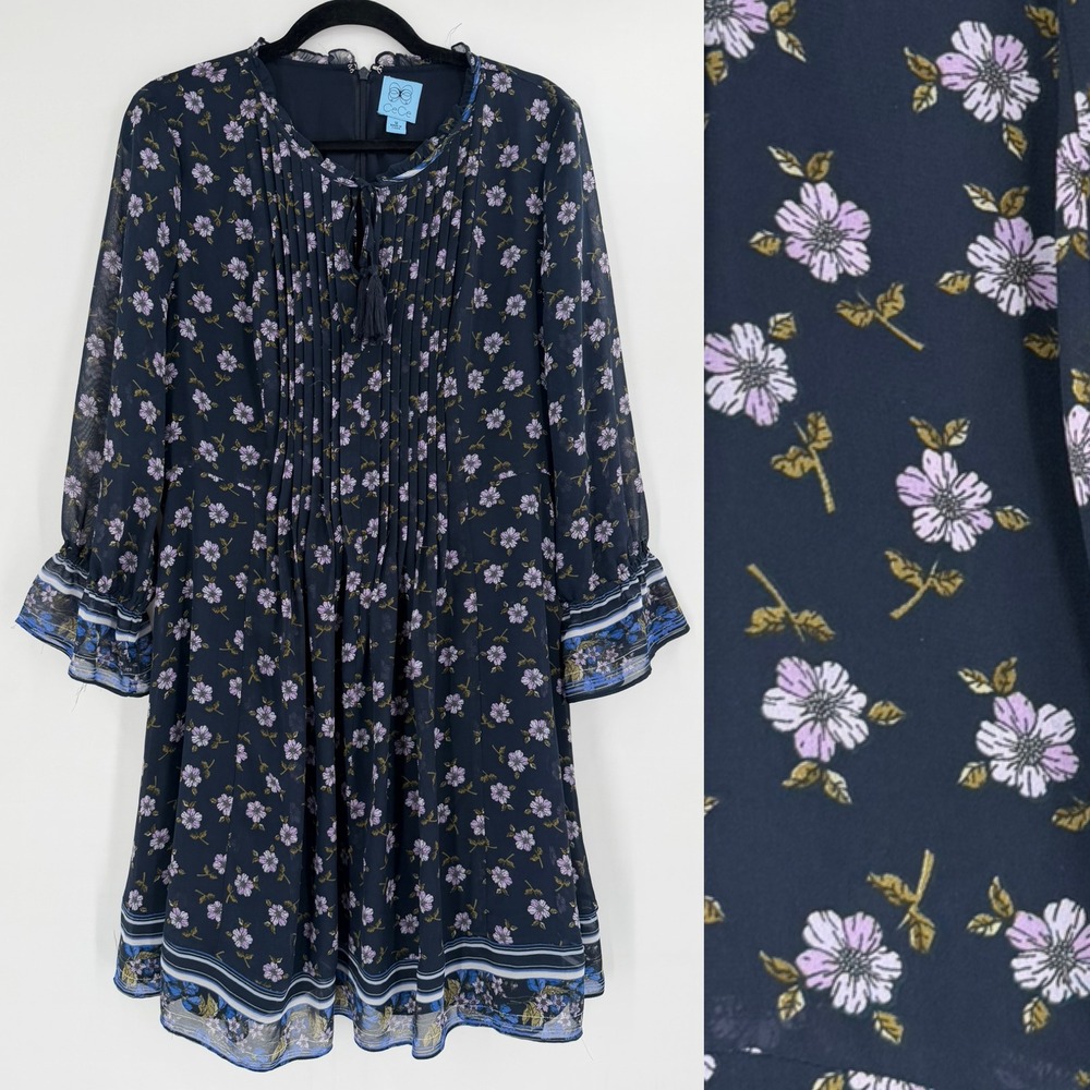 CeCe Floral Mini Dress Womens 12 Navy Blue Mixed Print Pintuck Boho Cottagecore